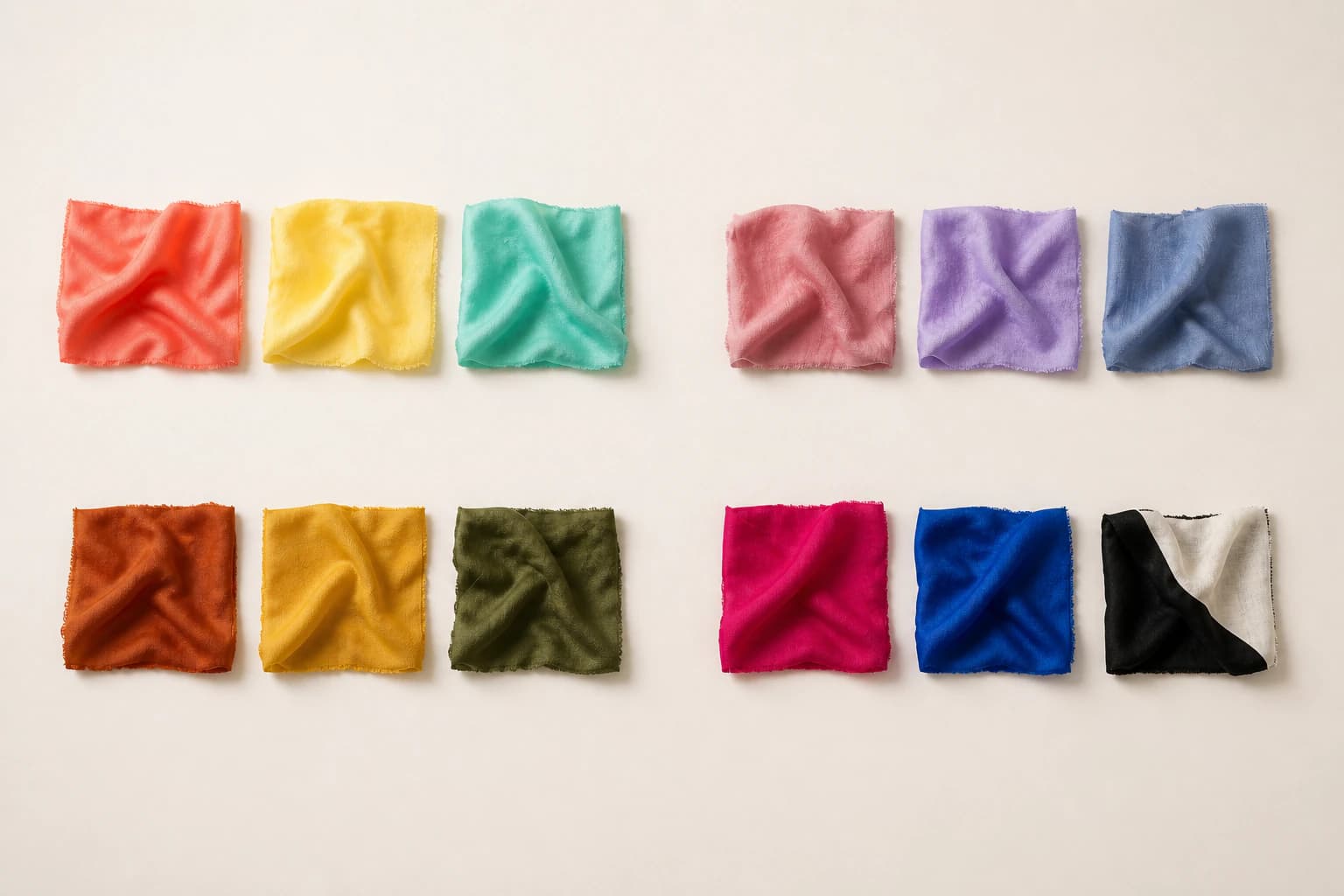 Twelve fabric swatches arranged in four seasonal color families, with three colors for Spring, Summer, Autumn, and Winter